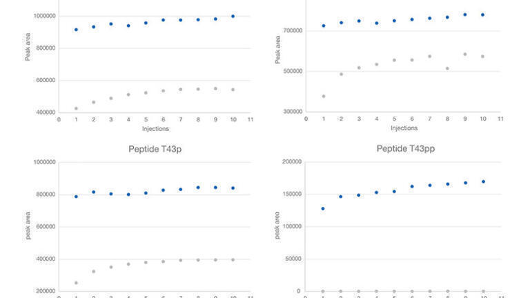 Figure 3: Peak areas of the four phosphorylated peptides after 1-10 injections using the bioinert YMC-Accura Triart C18 column (blue) and the stainless steel standard column (grey).