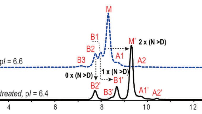 Figure 3: Native AEX-MS analysis before (blue) and after PNGase F-treatment (black) [1].