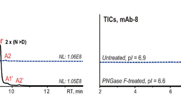 Figure 3: Native AEX-MS analysis of mAb-4 (left) and mAb-8 (right) before (blue) and after PNGase F-treatment (black) [2].