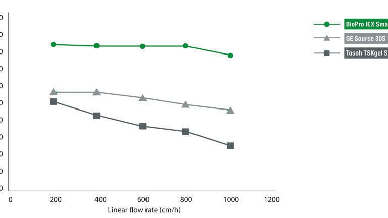 Figure 1: High DBC for High Loadability
Picture caption: Comparison Study: DBC values of three resins for proteins with different sizes and characteristics.