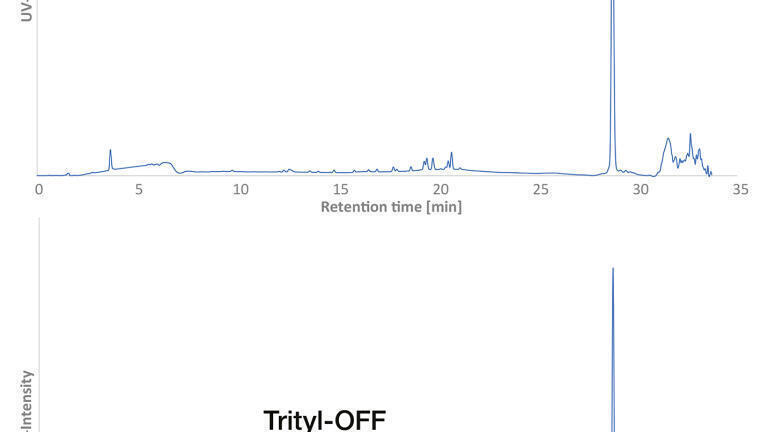 Figure 3: Optimum chromatographic results and conditions for Trityl-ON (top) and Trityl-OFF (bottom).