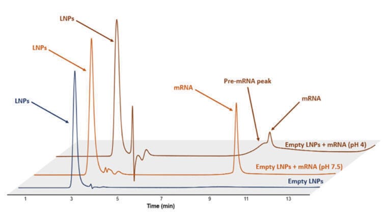 Figure 2: Analysis of empty LNPs spiked with mRNA at two different pH conditions: pH 4 and pH 7.5 [1].